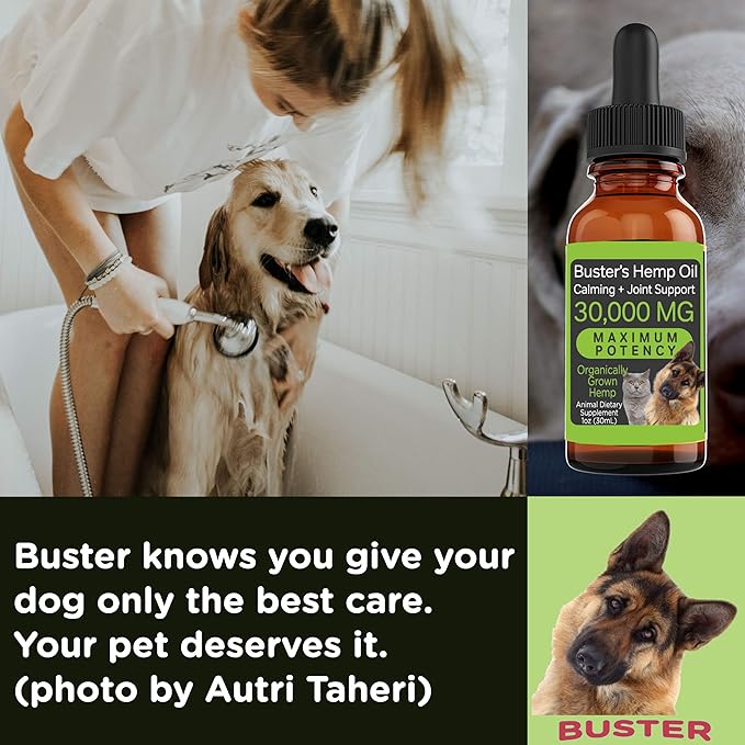 Max Potency Buster's Organic Hemp Oil treats for Dogs & Cats - Perfect Ratio Omega 3 & 6 - Made in USA - Hip & Joint Health, Natural Relief, Calming (4-Month)