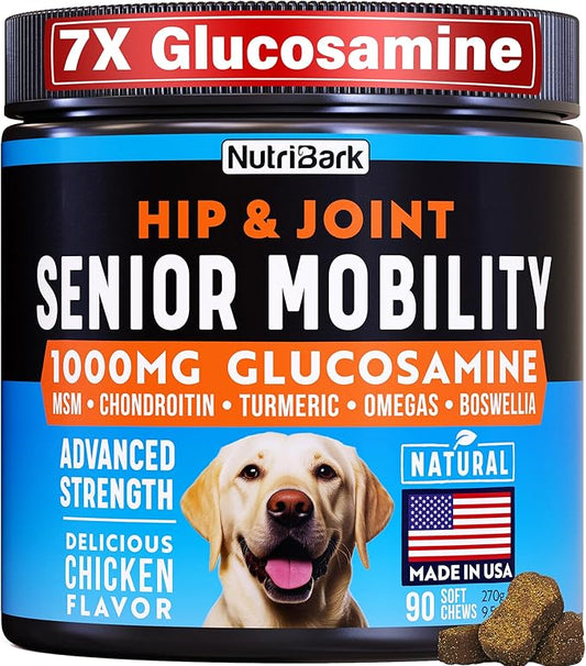 Senior Dog Joint Supplement -1000mg Glucosamine for Dogs -Advanced Hip & Joint Support Chews w/Glucosamine, Chondroitin, MSM, Turmeric & Omega 3 for Pain & Inflammation Relief, Improved Mobility