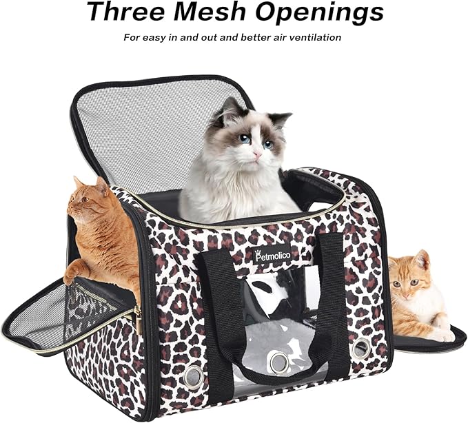 Petmolico Cat Carrier Dog Carrier, Airline Approved Soft Pet Travel Carrier with 3 Open Doors Mesh Windows for Cats Puppy 16 lbs, Leopard