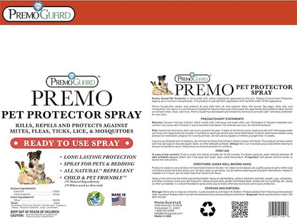 Pet Protector by Premo Guard – 100% Effective Mite, Flea, Tick, & Mosquito Spray for Dogs, Cats, and Pets – Best Natural Protection for Control, Prevention, & Treatment – 32 oz