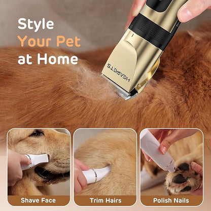 Dog Hair Clippers for Grooming Kit and Dog Paw Trimmer for Grooming, Low Noise Rechargeable Cordless, Shaver Grooming Supplies for Pet Cats Dogs (Gold, White)