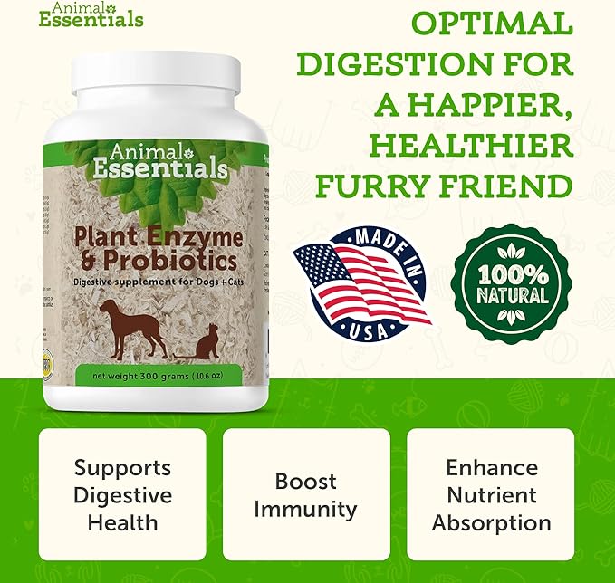 Animal Essentials Plant Enzyme & Probiotics - Digestive Nutrient Absorption Supplement for Dogs & Cats, Plant & Microbial Enzyme Blend - 10.6 Oz