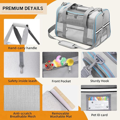 Cat Carrier Dog Carrier Pet Carrier Airline Approved for Small Dogs Medium Cats Puppies Under 15 lbs, Collapsible Soft Sided Dog Travel Carriers for Puppy and Kitten, Light Grey