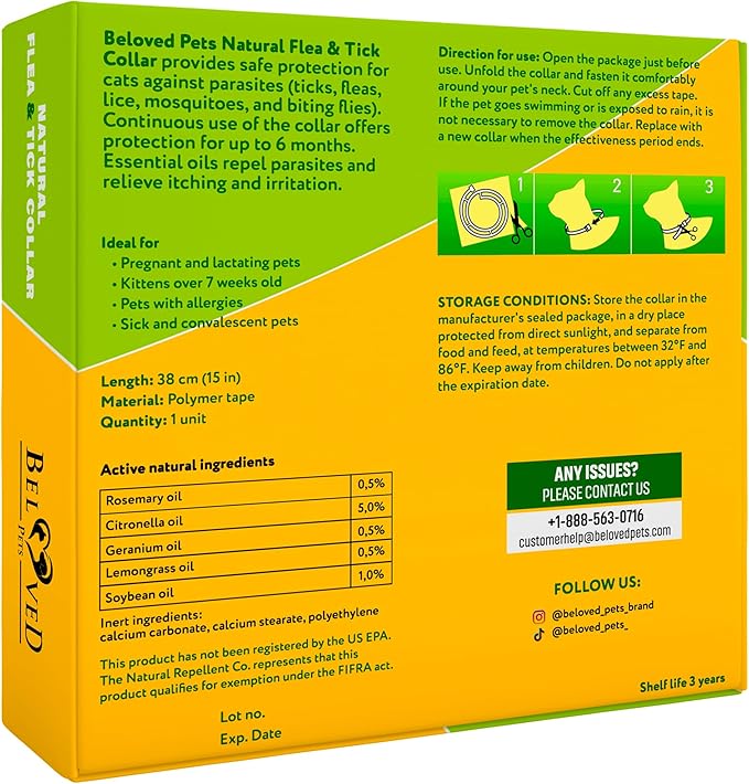 Natural Flea & Tick Collar for Cats - 12 Months Control of Best Prevention & Safe Treatment - Anti Fleas and Ticks Essential Oil Repellent (1 pack)