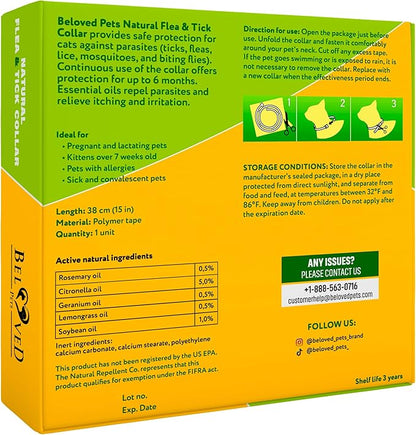 Natural Flea & Tick Collar for Cats - 12 Months Control of Best Prevention & Safe Treatment - Anti Fleas and Ticks Essential Oil Repellent (1 pack)