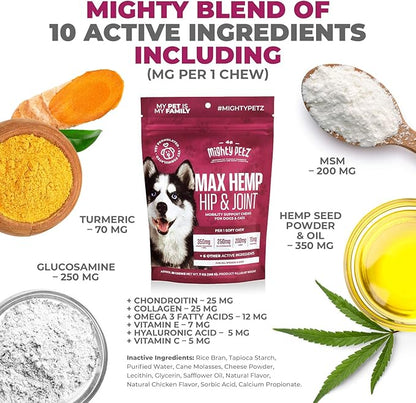 Mighty Petz MAX Hemp Joint Supplement for Dogs - Glucosamine Chondroitin for Dogs. Advanced Mobility Support, Hip & Joint Relief Chews with MSM, Turmeric & Omega-3
