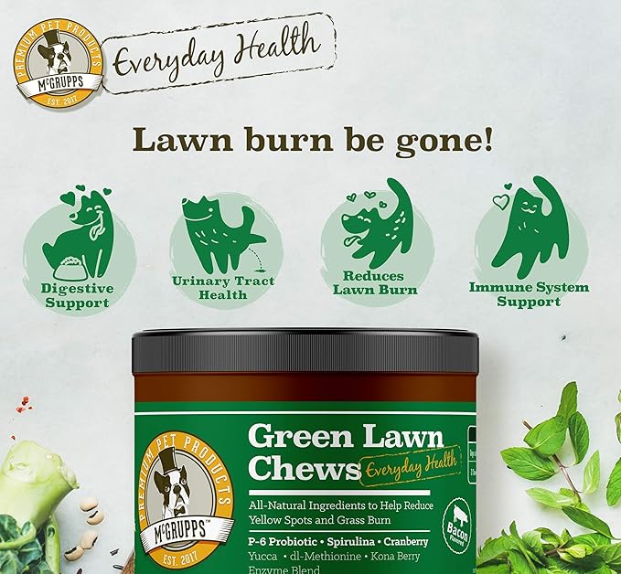 Green Lawn Chews for Dogs - Grass Burn Relief for Yellow Lawn Spots Caused by Dog Urine -Cranberry for Urinary Tract & Bladder + Digestive Enzymes - Made in The USA -130 Ct