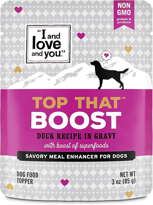 "I and love and you" Top That Boost Wet Dog Food Pouch, Duck Recipe In Gravy, 3 oz (Pack of 12)