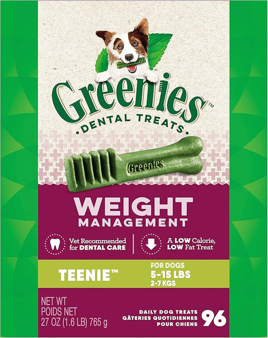Greenies Weight Management Teenie Natural Dog Dental Care Chews Weight Control Dog Treats, 27 oz. Pack (96 Treats)