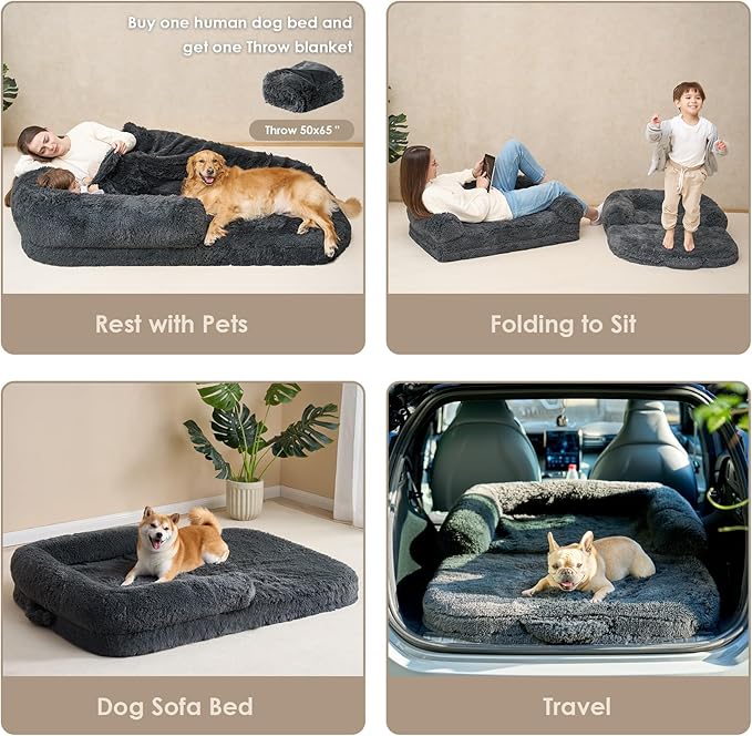 EHEYCIGA Foldable Human Dog Bed for Adult, Orthopedic Memory Foam Dog Bed for Humans, Waterproof Human Dog Bed for People, Faux Fur Human Sized Dog Bed, Dark Grey, 72"x44"x12"