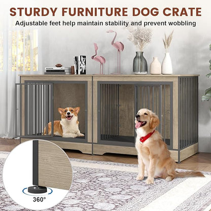 75 Inch Double Dog Crate Furniture for 2 Large Dogs with Trays, 3-in-1 Grey Large Double Dog Kennel TV Stand with Divider