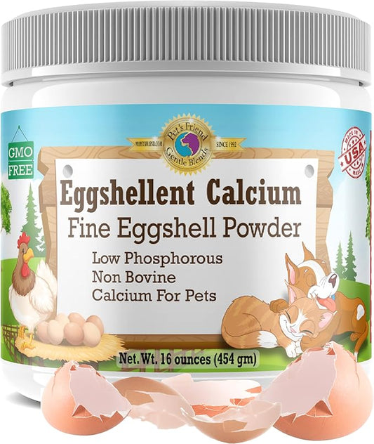 Pet's Friend Eggshellent Calcium 16 oz - Fine Eggshell Powder Calcium Supplement for Dogs and Cats, Low Phosphorous Non-Bovine Ingredients, Nourish Muscles, Joints, and Bones, Tasty Food Additive