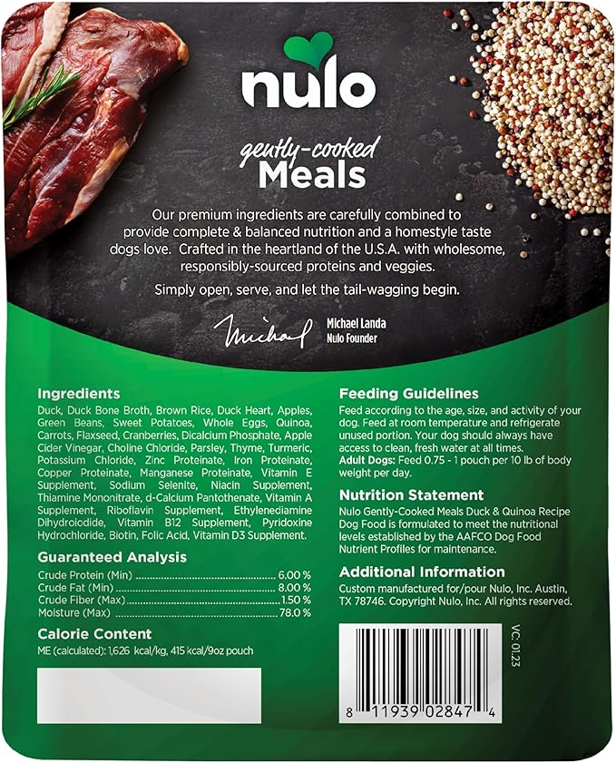 Nulo Gently-Cooked Meals Complete and Balanced Adult Wet Dog Food, Duck & Quinoa, 9 Ounce, 8 Count