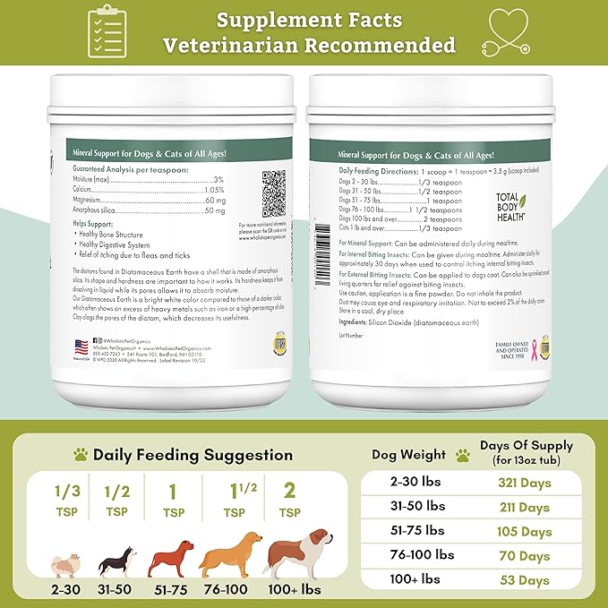Wholistic Pet Organics DE for Dogs Organic Food Grade for Dogs - 13 Oz - Safe Non-Chemical Freshwater Silica Improves Overall Health