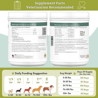 Wholistic Pet Organics DE for Dogs Organic Food Grade for Dogs - 13 Oz - Safe Non-Chemical Freshwater Silica Improves Overall Health