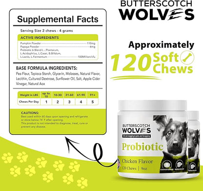 Probiotics for Dogs Supplement | Digestive and Immune Health Support Dog Vitamins with Probiotic Blend and Pumkin Powder | Approximately 120 Probiotic Chews for Dogs