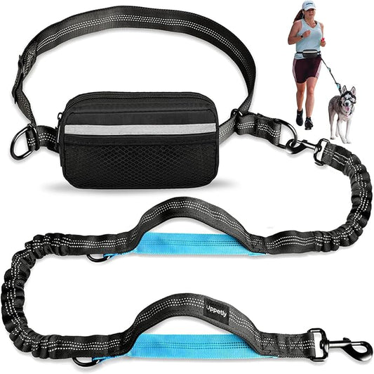 Hands Free Dog Running Leash with Zipper Pouch, Dual Handle, Elastic Bungees Retractable Rope for Medium and Large Dogs, Waist Bag Pack Carry All Phones Money for Walking Hiking Biking
