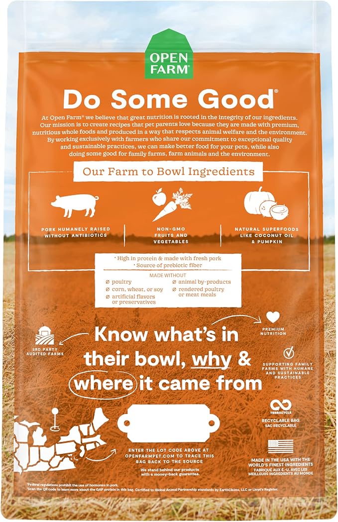 Open Farm Farmer's Table Pork Grain-Free Dry Dog Food, Family Farmed Pork Recipe with Non-GMO Superfoods and No Artificial Flavors or Preservatives, 22 lbs