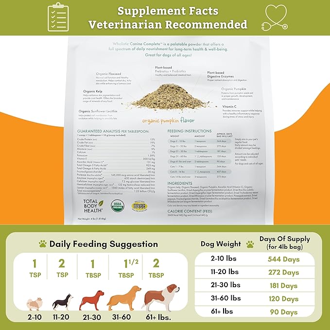 Wholistic Pet Organics: Multivitamin for Dogs Organic, Homemade Dog Vitamins and Supplements-Dog Multivitamin with Probiotics, Healthy Immune System, Digestive Support (Organic Pumpkin, 4 lb)
