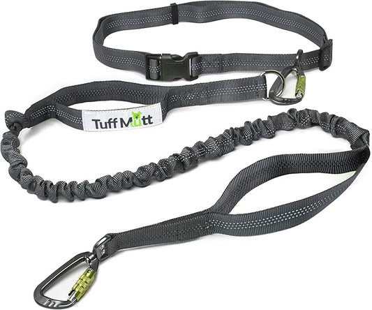 Hands Free Dog Leash for Running, Walking, Hiking, Durable Dual-Handle Bungee Leash is 4 Feet Long with Reflective Stitching, Adjustable Waist Belt That Fits 42 Inch Waist (Carabiner/Gray)