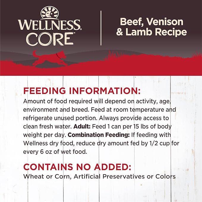 Wellness Natural Pet Food CORE Natural Wet Grain Free Canned Dog Food, Beef, Venison & Lamb, 12.5-Ounce Can (Pack of 12)