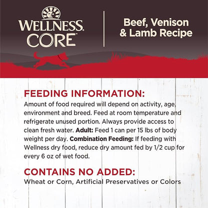 Wellness Natural Pet Food CORE Natural Wet Grain Free Canned Dog Food, Beef, Venison & Lamb, 12.5-Ounce Can (Pack of 12)