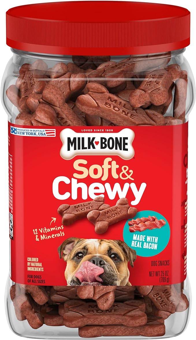 Milk-Bone Soft & Chewy Dog Treats Bundle: Beef & Filet Mignon Recipe 25 Ounce + Real Bacon 25 Ounce