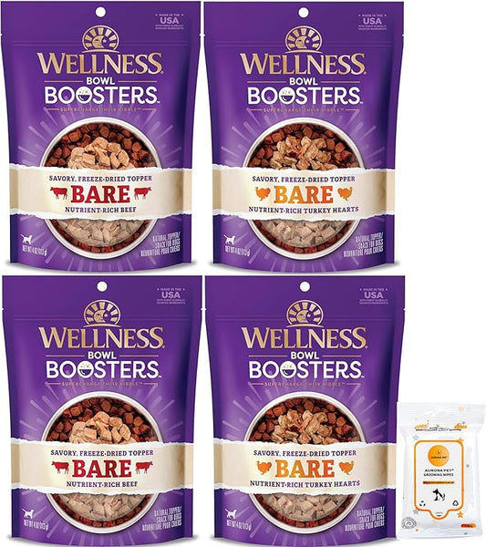 Bundle (4) Wellness CORE Bowl Boosters Freeze-Dried Dog Food Mixer or Topper (2) Bare Turkey (2) Bare Beef with AuroraPet Wipes