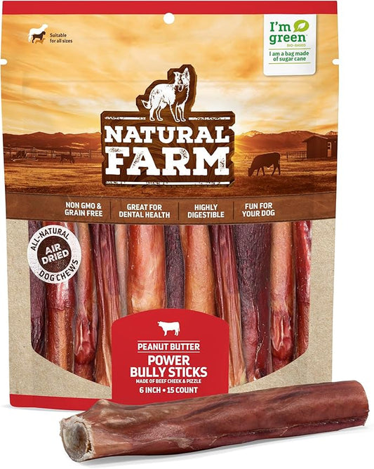 Natural Farm Power Bully Sticks Peanut Flavor Dog Chews (6”, 15-Pack), 2-in-1 Power Chews: Premium Beef Cheek Wrapped in Beef Pizzle with Enticing Peanut Butter Flavor, Double Chewing Time