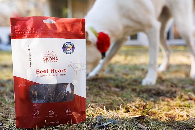 Skona Single-Ingredient Beef Heart Jerky | Treats for Dogs & Cats (4oz) | Healthy, Grain-Free, USA Made | Promotes Digestion, Dental Care, Taurine Boost