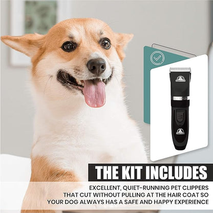 Professional Dog Grooming Kit - Cordless Low Noise Dog Clippers for Grooming Thick Coats - All Pet Safe Cat Hair Trimmer - Pet Grooming Kit Includes Dog Hair Clippers, Nail Trimmer & Shears