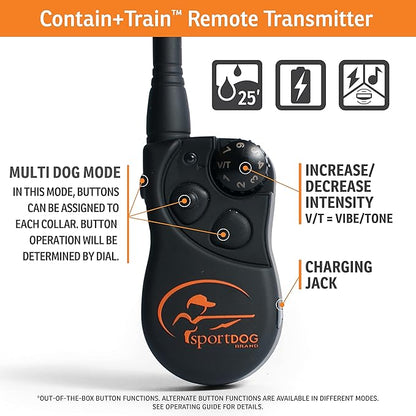 SportDOG Brand Contain + Train System - In-Ground Fence Kit with Remote Trainer & 2 E-Collars - Waterproof, Rechargeable - Tone, Vibrate, & Shock - Expandable to Multiple Dogs - 100 Acre Capability