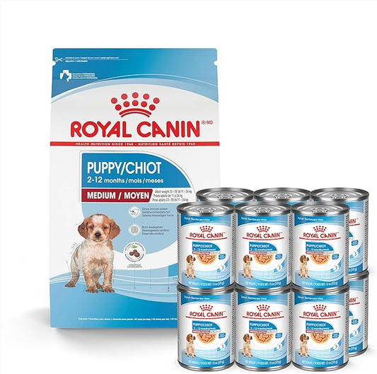 Royal Canin Size Health Nutrition Medium Puppy Dry Dog Food, 6 lb Bag Size Health Nutrition Medium Puppy Thin Slices in Gravy Wet Dog Food, 13 oz can (12-Count)