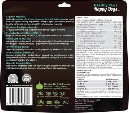 Mobility Hip and Joint Chews for Dogs Maximum Strength | Joints Health Supplement with Glucosamine, Chondroitin, MSM, Turmeric, Green Lipped Mussels, Wild Alaskan Salmon Oil, Omega 3