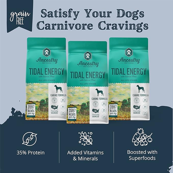 Ancestry Tidal Energy Dog Food, Salmon Meal with Sweet Potato Recipe, Crude Protein, Fiber & Fat, For All Life Stages, Improve Gut Health, Grain Free, Digestive & Immune Support (25 lb. Bag)