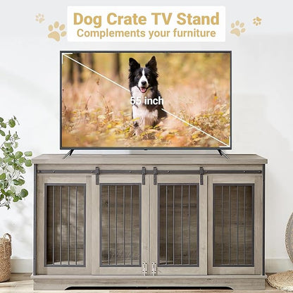 61'' Double Dog Crate Furniture for 2 Dogs, Large Double Dog Kennel Furniture TV Stand, Heavy Duty Dog Crate, Furniture Style Dog Crate End Table, Wood Crates for Dogs Kennel Indoor