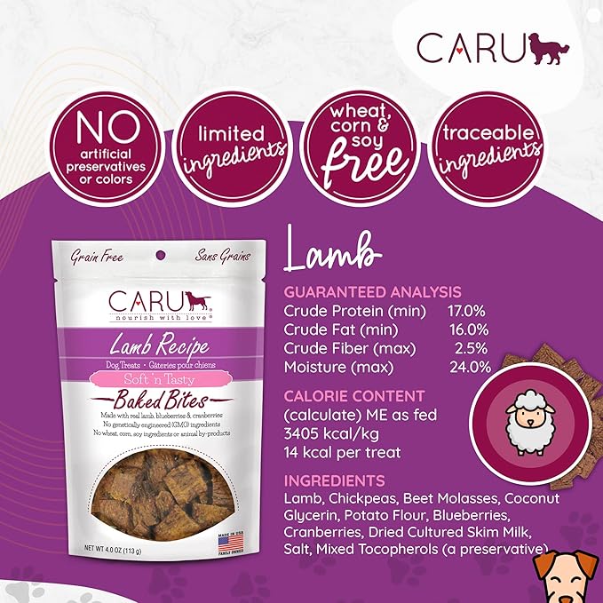 Caru - Soft n’ Tasty Baked Bites - Lamb Bites Dog Treats - Flavorful Training Treats - 4 oz bags - Pack of 3