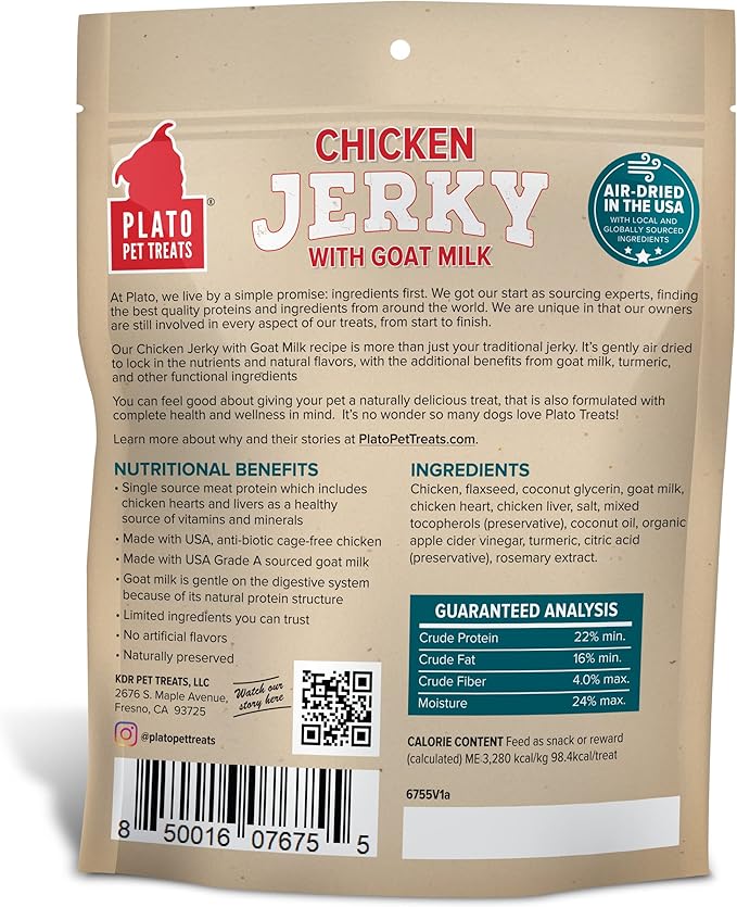 PLATO Pet Treats Air Dried, Real Meat, Chicken Jerky with Goat's Milk Dog Treats, 16oz, Made in The USA, Grain Free