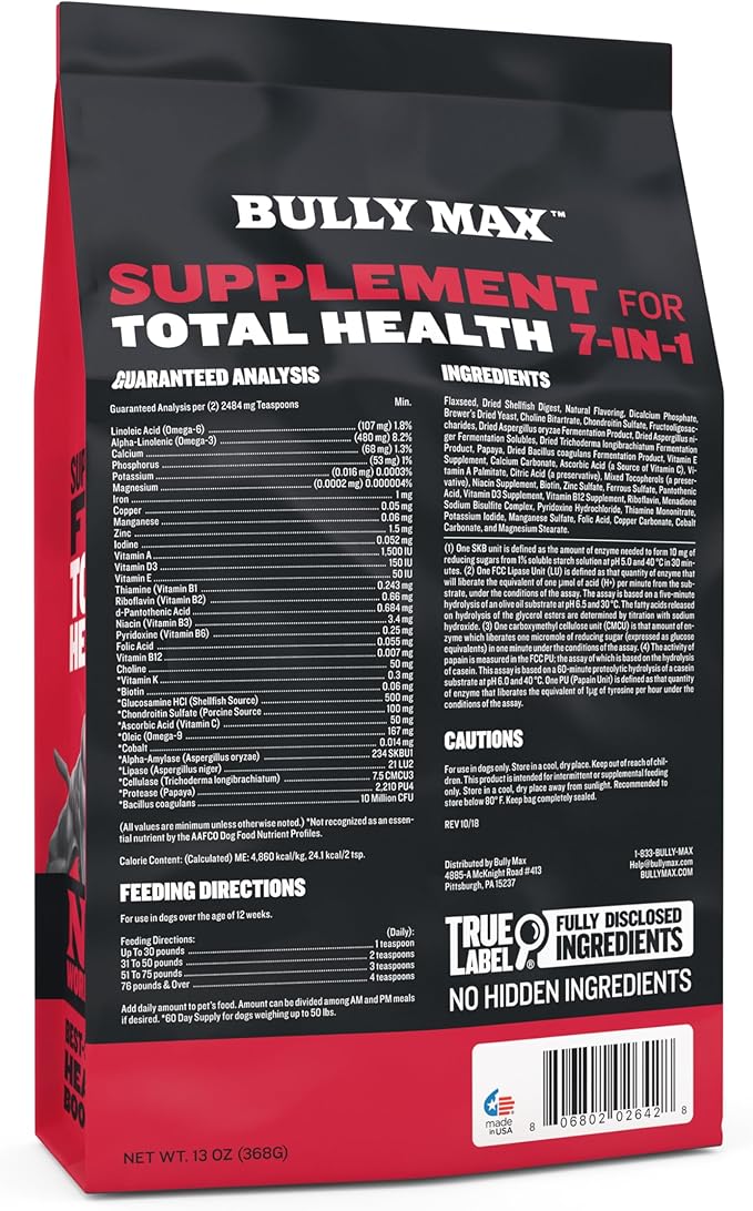 Bully Max 7-in-1 Total Health & Immunity Dog Multivitamin Powder - Omega 3 Vitamin Supplements for Immune System, Heart, Digestive & Joint Health - Puppy & Adult Dogs Vitamins for All Breeds, 13Oz Bag