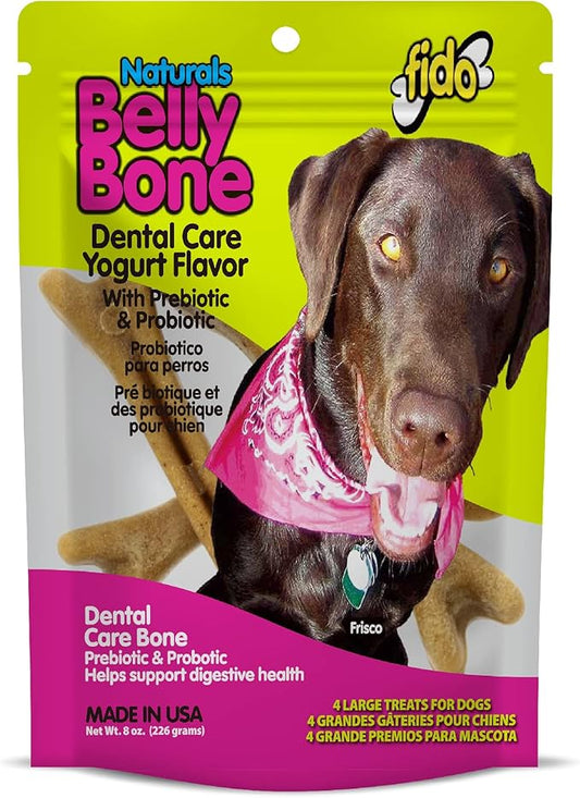 Belly Bones for Dogs, 4 Yogurt Flavor Large Dog Dental Treats (Made in USA) - 4 Count Dog Treats for Large Dogs - Plaque and Tartar Control for Fresh Breath, Digestive Health Support