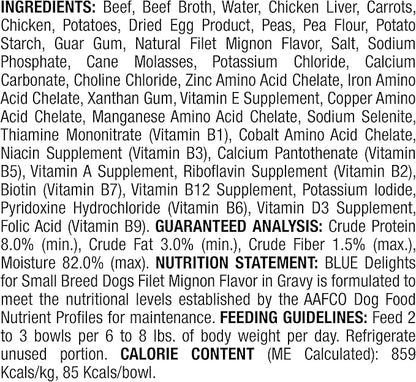Blue Buffalo Delights Natural Adult Small Breed Wet Dog Food Cup, Filet Mignon Flavor in Hearty Gravy 3.5-oz (Pack of 12)