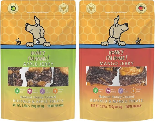 Honey I'm Home Honey Coated Buffalo Mango and Apple Jerky Dog Fruit Treats Variety Pack