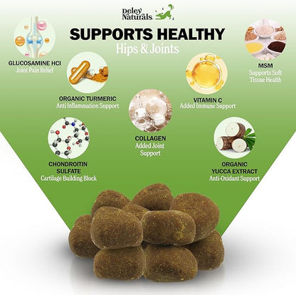 Hip and Joint Support Supplement for Dogs - Advanced Arthritis Pain Relief - Chondroitin, MSM, Organic Turmeric, & Glucosamine for Dogs - Made in USA - 120 Grain Free Soft Chews, Deley Naturals
