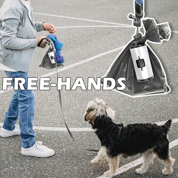 Metal Dog Poop Bags Holder Aluminum Poo Bags Dispenser with Pet Waste Bags 3 Leash Clasp and Elastic Rope for Used Bags(1 Holder 135 Bags,Silver)