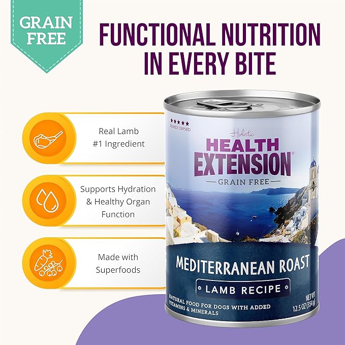 Health Extension Dog Food, Mediterranean Roast Lamb Recipe - 12.5 oz, Grain Free, Added Vitamins & Minerals, for All Life Stages, Vet Formulated, Improve Gut Health, Immune Support (Case of 12 Cans)
