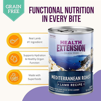 Health Extension Dog Food, Mediterranean Roast Lamb Recipe - 12.5 oz, Grain Free, Added Vitamins & Minerals, for All Life Stages, Vet Formulated, Improve Gut Health, Immune Support (Case of 12 Cans)