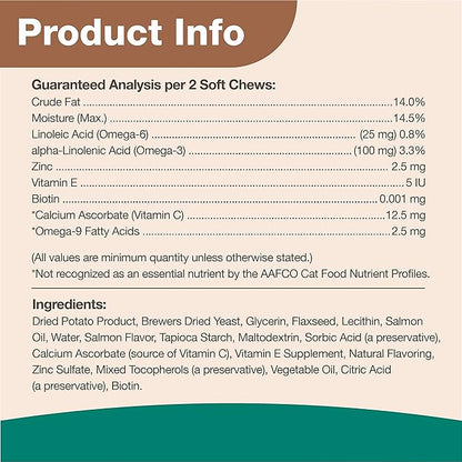 NaturVet – Skin & Coat Plus Omegas for Cats – 60 Soft Chews | Supports Healthy Skin & Glossy Coat | Enhanced with Omega-3, Omega-6 & Biotin | 30 Day Supply