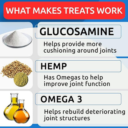 Hemp + Glucosamine Treats for Large Dogs - Natural Joint Pain Relief - Hip & Joint Supplement w/MSM + Chondroitin + Hemp Oil + Omega 3 - Joint Pain Relief - Made in USA - Chicken Flavor - 360 Chews