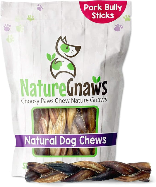 Nature Gnaws Braided Pork Bully Sticks 5-6" for Dogs - Premium Natural Dog Chew Treats - Dental Bones for Aggressive Chewers - Rawhide Free (20 Count)