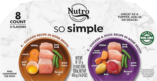 Nutro So Simple Meal Complement Wet Dog Food Chicken and Chicken & Duck Recipes in Bone Broth Variety Pack, 2 oz. Tubs, Pack of 8